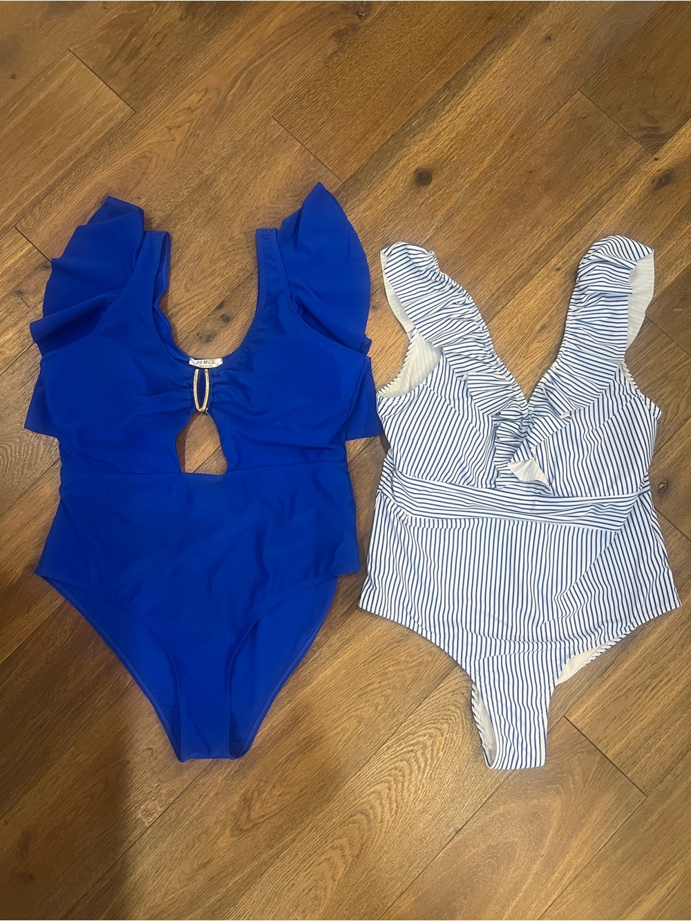 Royal Blue Ruffle & Blue and White Striped-One Piece Bathing Suites, Sz: 2XL